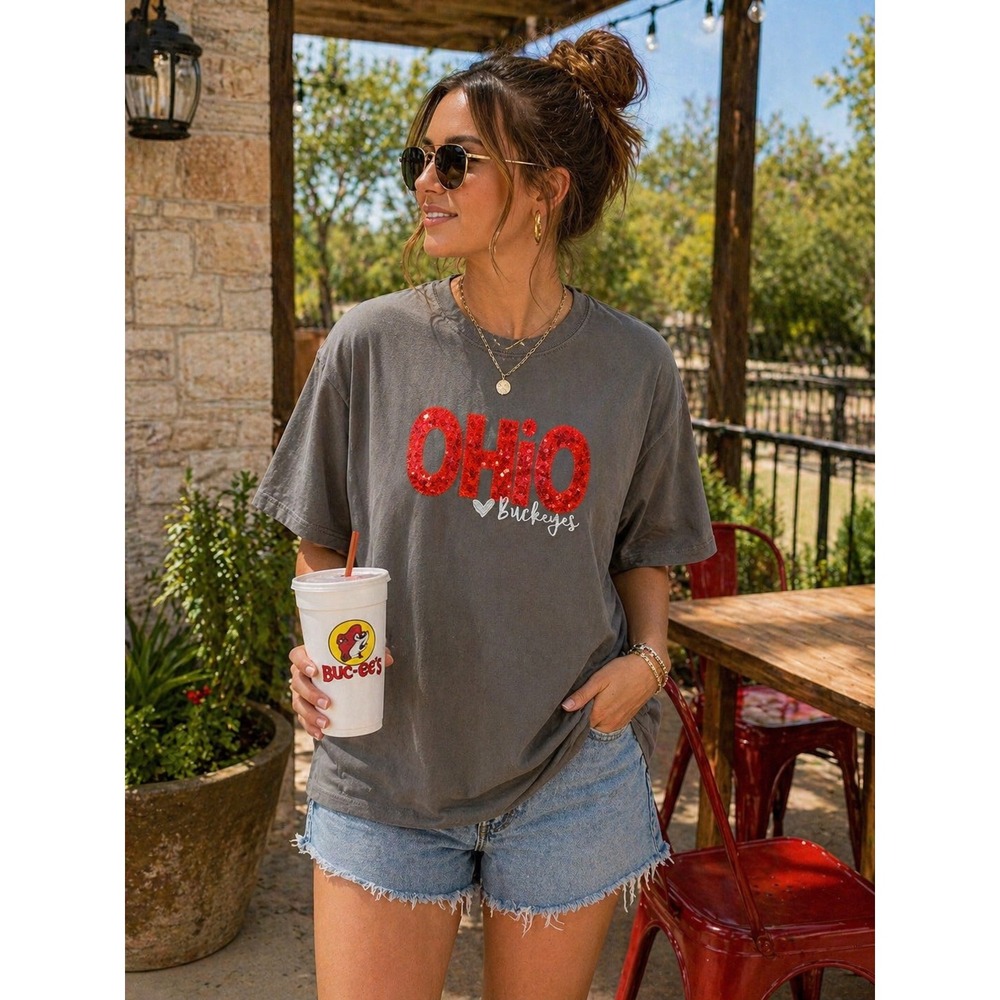 Ohio Buckeyes Sequin Graphic T Shirt Gray Oversized 2XL Womens Tee